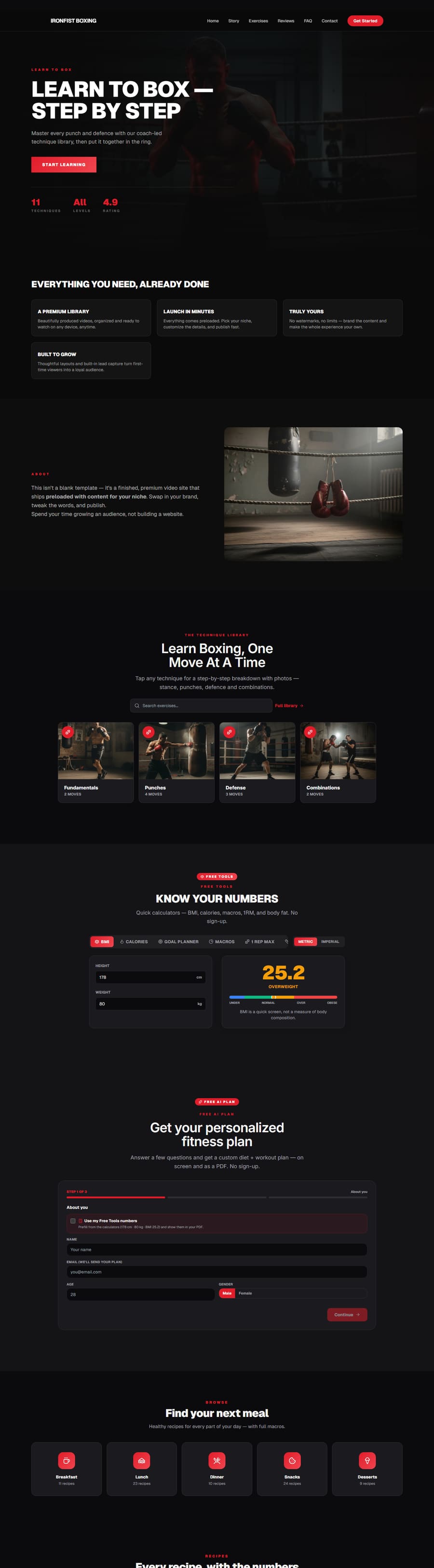 Live boxing demo site, dark theme with a ring hero and step-by-step technique library