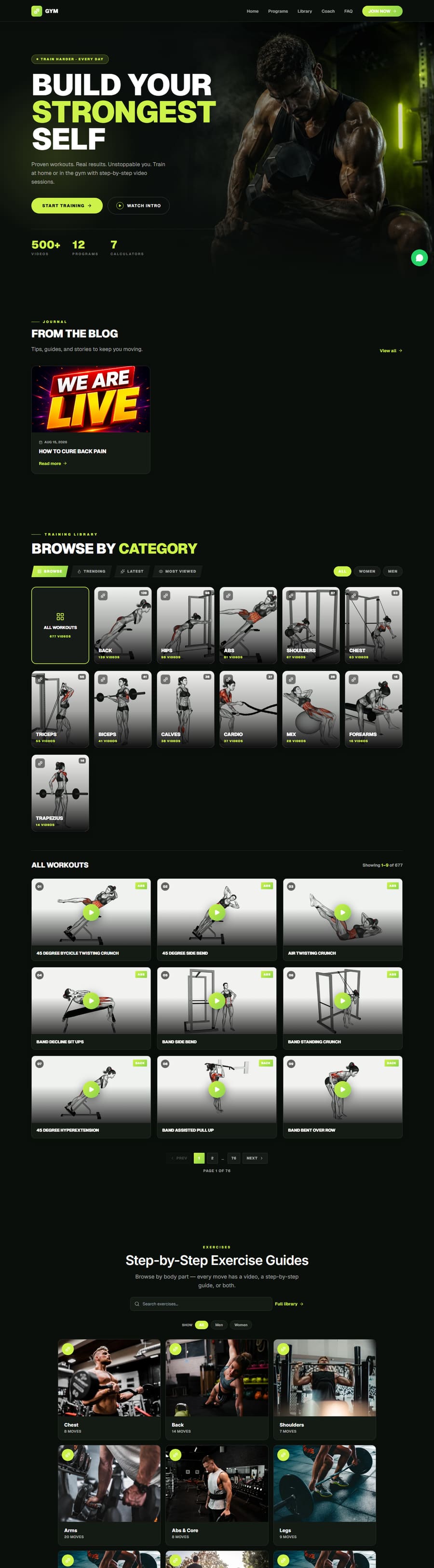 Live gym demo site, dark theme with a bold hero and a full strength library