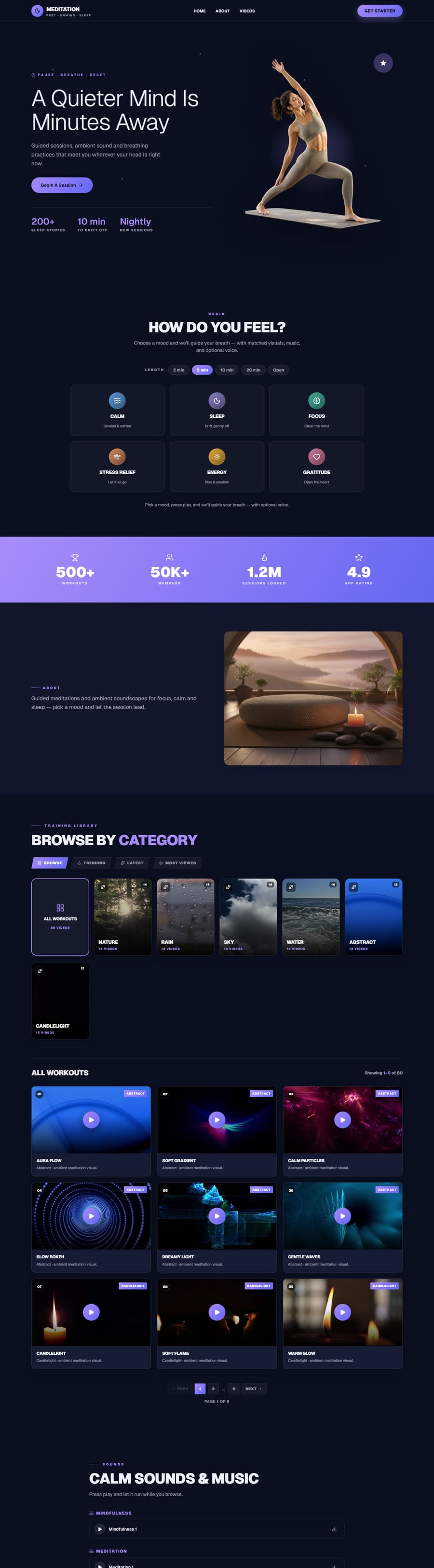 Live meditation demo site, dark night-blue theme with a mood picker and ambient player