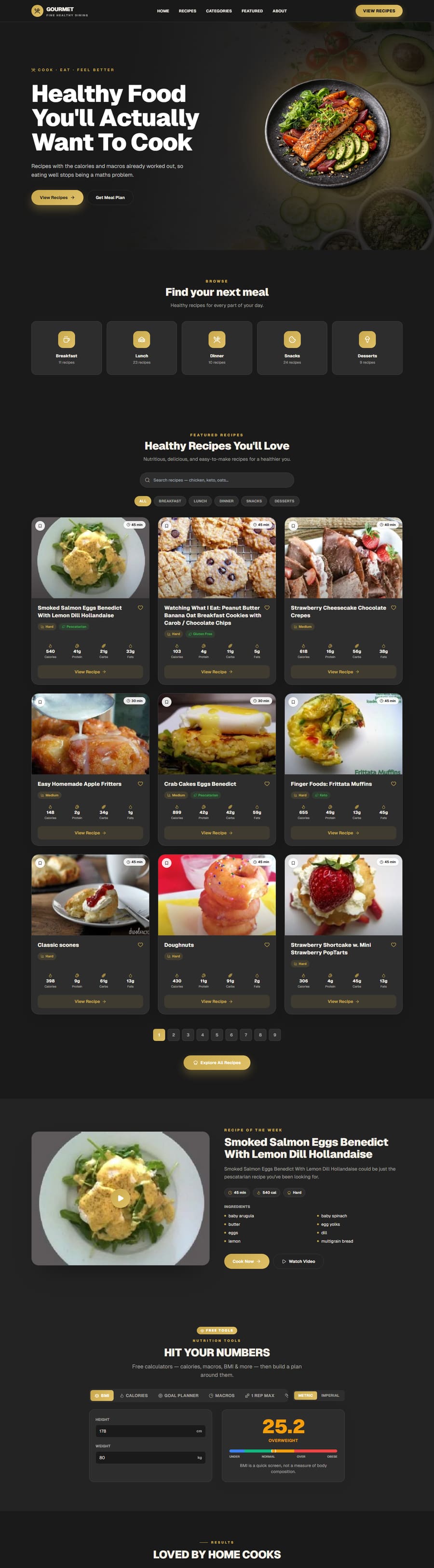 Live recipes demo site, dark gourmet theme with a plated dish and macro-counted recipe cards