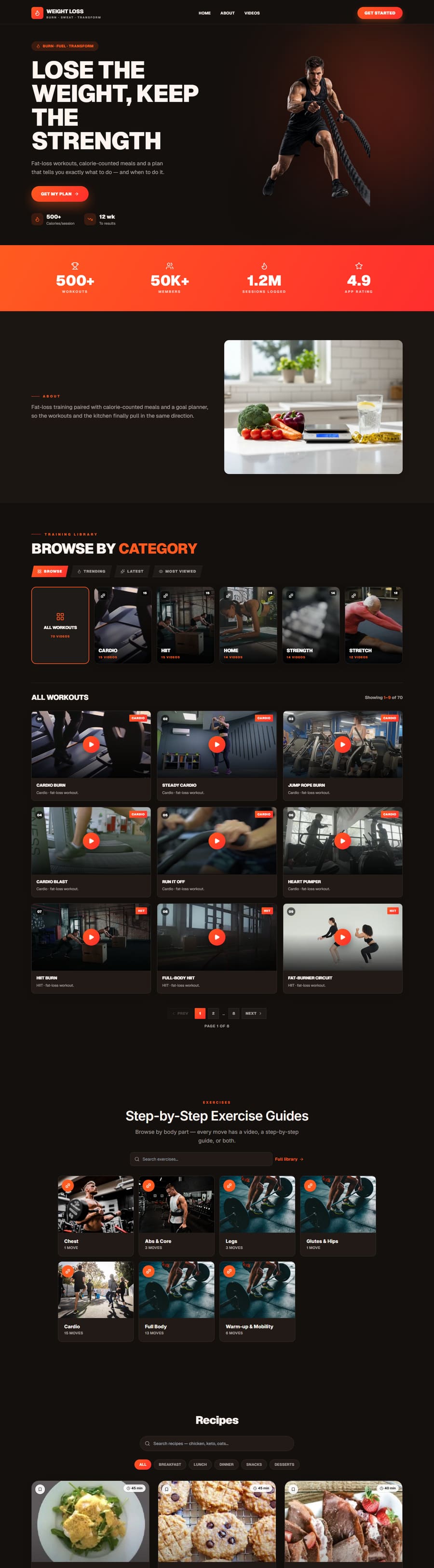 Live weight-loss demo site, dark theme with an ember accent and a battle-rope athlete