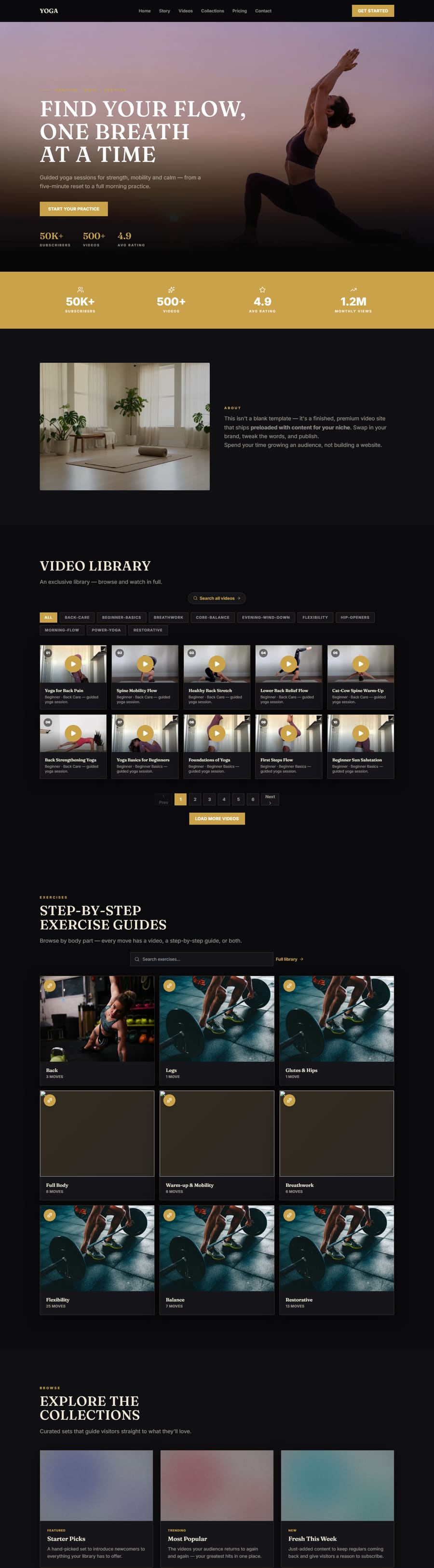 Live yoga demo site, dark navy theme with a full-bleed practice photograph