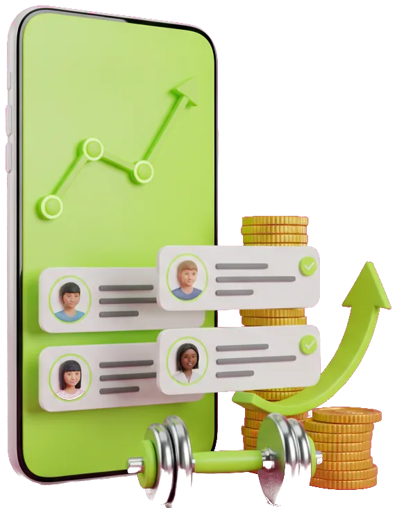 A phone showing new lead notifications beside stacks of gold coins and a rising arrow