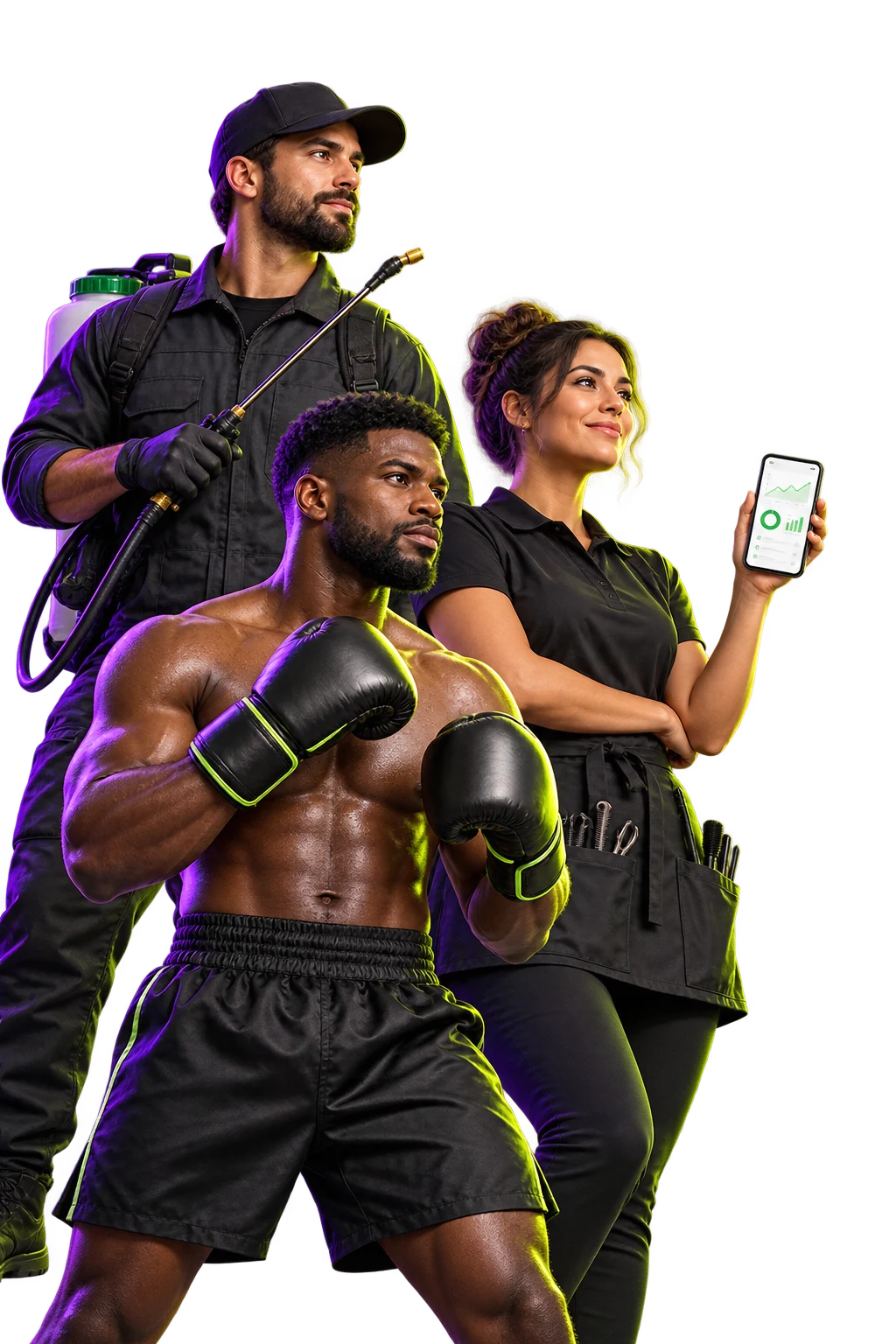 A pest control technician, a boxer and a tradeswoman holding a phone showing her site's stats