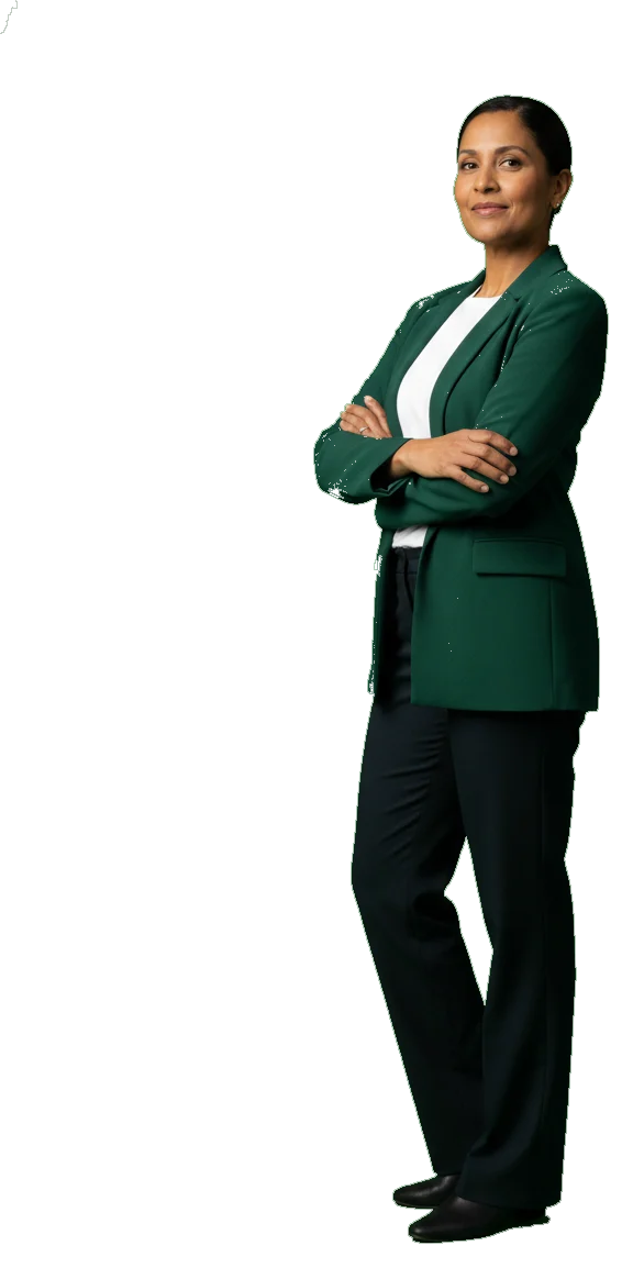 A site owner standing with her arms folded