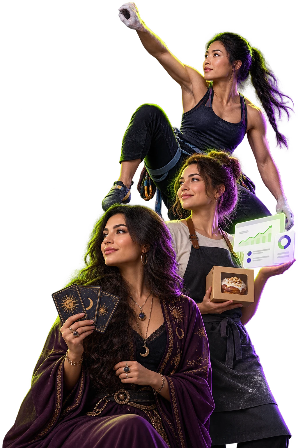 A climber, a baker holding a box and a dashboard, and a tarot reader with her cards