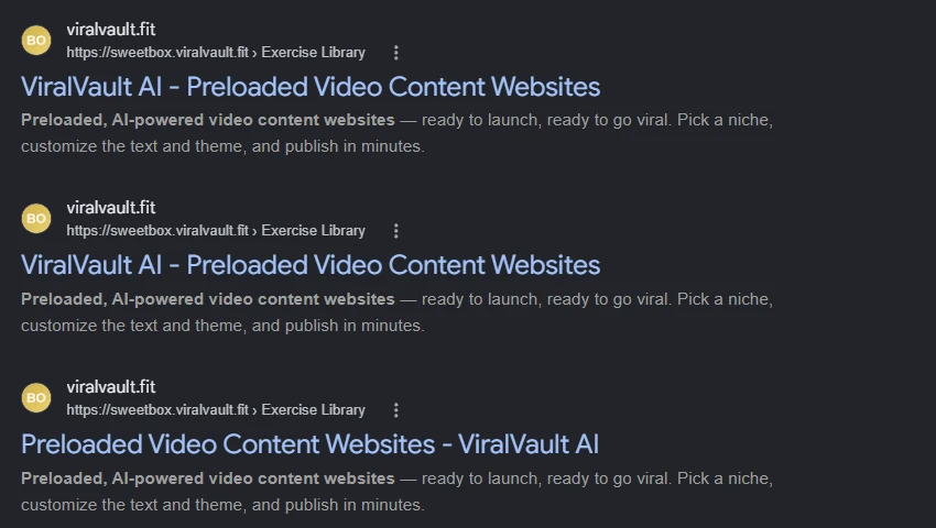 Google results listing pages from a member site on its viralvault.fit subdomain
