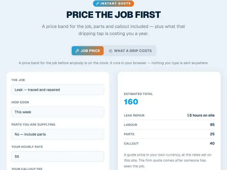 The Price the job first tool, running on a live site